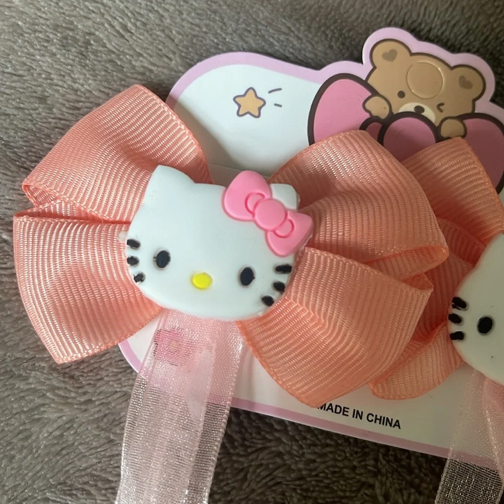 Hello Kitty Peach Hair Bows set of two with streaming ribbons NWT